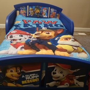 Paw patrol bed, comforter set, mattress.